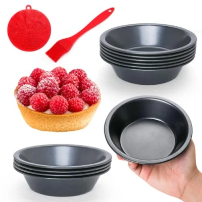Image of Quyimy Individual Pie Dish, Mini Quiche Tin Tart Tins, 12 cm Round Tins Dish with Oil Brush&amp;Silicone Scrubber, Non Stick Small Pudding for Oven Baking (5 inch Set of 12)