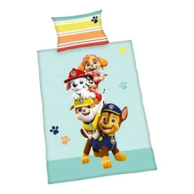 Image of Herding Paw Patrol Duvet Set, Made in Green, Pillowcase 40 x 60 cm with Hotel Wrap, Cover 100 135 cm, Easy Zipper, 100% Cotton/Renforcé, Multi Colour