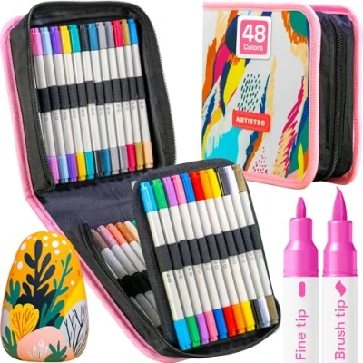 Image of ARTISTRO Acrylic Paint Pens, Art Set Markers Dual Tip, for Fabric, Canvas, Rock, Glass, Wood, Paper, DIY, Markers, Multicolor (Dual Tip Brush + Fine, 48)