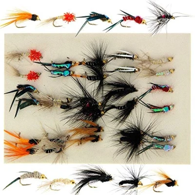 Image of 30 x Assorted Fly Fishing Trout Flies mixed Gold Headed Nymph Set Size 10 Barbed