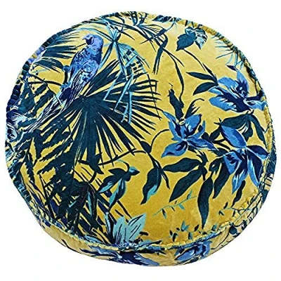 Image of Riva Paoletti Amazon Jungle Round Cushion Cover Teal Blue and Yellow Palm Plant Print Faux Velvet Fabric Machine Washable 100% Cotton 50 x 12cm (20&quot; 20&quot; 5&quot; inches)