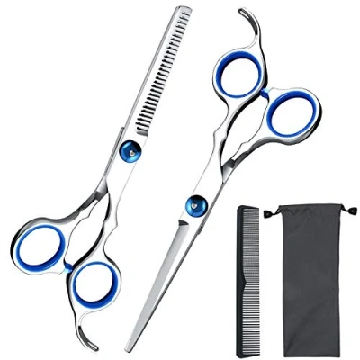 Image of Hair Cutting Scissors Shears Set, ekuci Professional Home Haircutting Thinning Kit with Free Comb and Storage Bag for Men Women Salon Barber Cut (Silver)