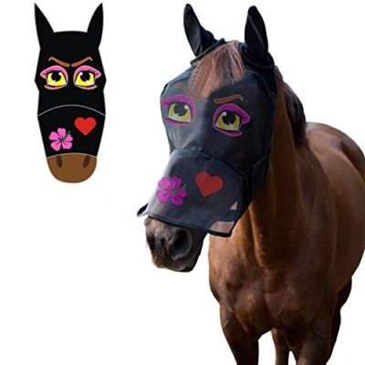 Image of LTG PRO® Horse Pony Cob Fly Mask Net Veil Hood Full Face Cartoon Polyester Ears Nose Protection (Cartoon Pink Eyes, Pony)