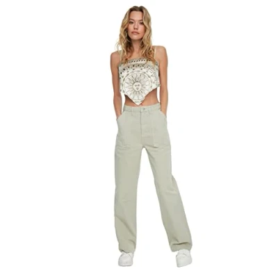Image of Trendyol Woman Basics High Waist Straight Leg 90&#039;s Wide Jeans Stone