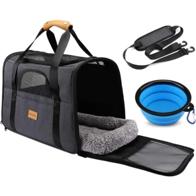 Image of morpilot Pet Carrier Bag, Portable Cat Bag Top Opening, Removable Mat and Breathable Mesh, Foldable Transport for Dogs Cats, with Shoulder Strap Bowl, Gray