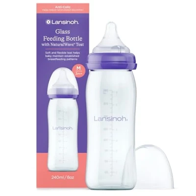 Image of Lansinoh Glass Baby Bottle with NaturalWave Teat (240 ml), Anti colic, Premium heat &amp; thermal shock resistant glass, Medium Flow soft flexible silicone teat, teats are BPA BPS free, purple