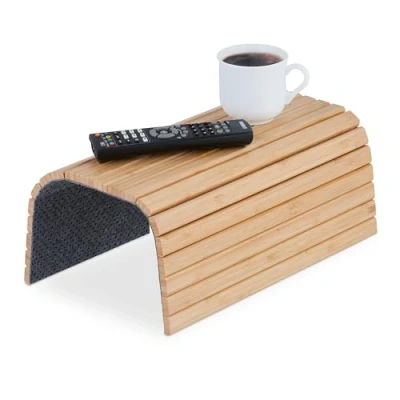 Image of Relaxdays Arm, Armrest, Bamboo, Table for Couch, WXD: 42 x 34 cm, Sofa Tray, Foldable, Natural, Polyester, 1 cm