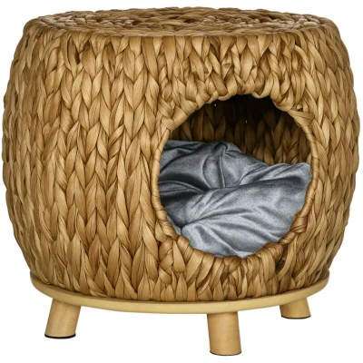 Image of PawHut Wicker Cat House Stool for Rest, Rattan Kitten Bed Indoor and Outdoor Use, Elevated Pet with Soft Washable Cushion 44 x 43 41 cm
