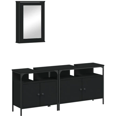 Image of vidaXL 3 Piece Bathroom Furniture Set in Black Engineered Wood Cabinet Collection with Spacious Storage &amp; Stylish Mirror Perfect for Modern Washrooms