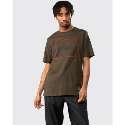 Image of Hugo Mens Large Framed Logo Organic Cotton T Shirt Dark Green Size Medium