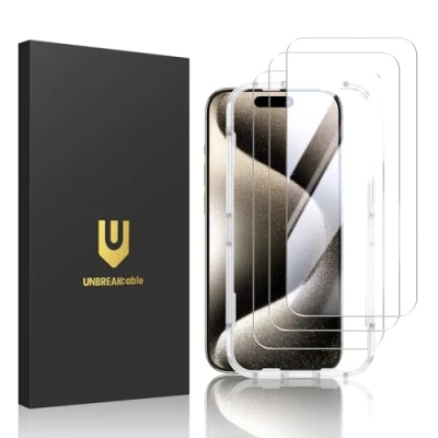 Image of UNBREAKcable Screen Protector for iPhone 15 Pro [3 Pack] 9H Hardness Tempered Glass with Installation Frame 6.1 Inch [Anti scratch,Bubble free]