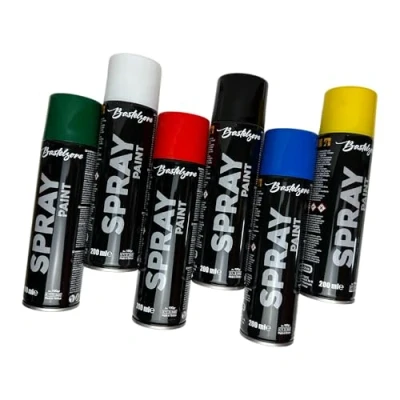 Image of Bastelzone Spray Paint Set 6 Colors 200ml Each Quick Dry Graffiti Cans for Wood, Stone, Metal, Glass Black White Blue Green Red Yellow