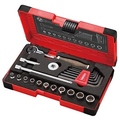Image of VESSEL Swivel Socket Wrench Set 1/4&quot; (6.35mm) Wood Compo HRW2004M SW Non Slip Handle (21 pcs)