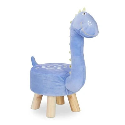 Image of Relaxdays Animal Stool for Kids, Plush Cover, Ottoman Children, Dinosaur Design, Blue