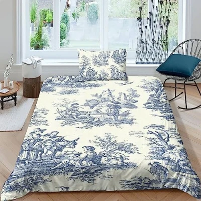 Image of LENTLY Motif of Toile De Jouy 3D Printed Duvet Cover with Pillowcases Bedding Set Zipper Closure Hypoallergenic Soft Microfiber Quilt Single（135x200cm）