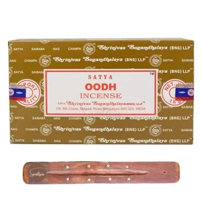 Image of Satya Nag Champa Oodh incense sticks x12 pack with SAMASIA holder Used for Ooomatherapy, Spa, Yoga, Weddings, Meditation, Healing, Positivity and Relaxation