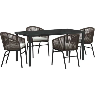 Image of vidaXL 5 Piece Garden Dining Set with Cushions in Brown Poly Rattan.
