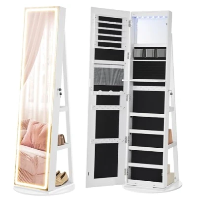 Image of SONGMICS LED Mirror Jewellery Cabinet Standing, Lockable Armoire with Full Length and Adjustable Lights, Space Saving Organiser, Gift Idea, Cloud White JJC008W02