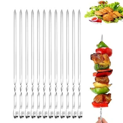 Image of Kebab Skewers, 12PCS BBQ Metal Skewers Stainless Steel Grilling Reusable Skewer Barbecue Cooking Sticks for BBQ, Meat and Vegetable, Party Essentials, 30cm