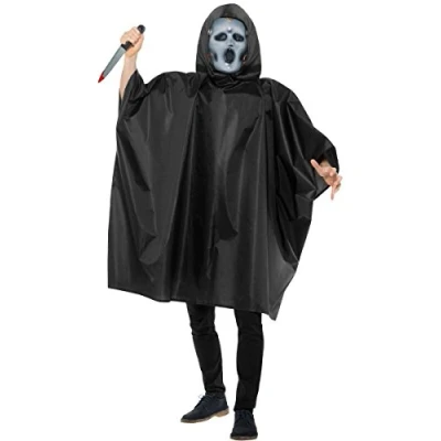 Image of Smiffys Scream Tv Costume, Black with Poncho, Mask &amp; Knife, Officially Licensed Fancy Dress, Adult Dress Up Costumes