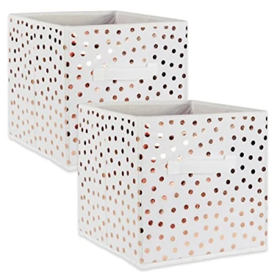Image of DII Non Woven Storage Collection Polka Dot Collapsible Bin Large Set, 13x13x13 Cube, White &amp; Copper, 2 Piece