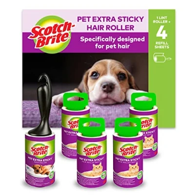 Image of Scotch Brite Extra Sticky Lint Roller, Works Great on Pet Hair, 5 Rolls (48 Sheets Per Roll, 240 Total Sheets), Purple/White