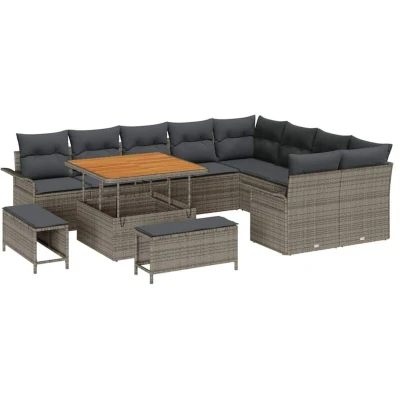 Image of vidaXL 12 Piece Garden Sofa Set with Cushions Grey Poly Rattan Acacia
