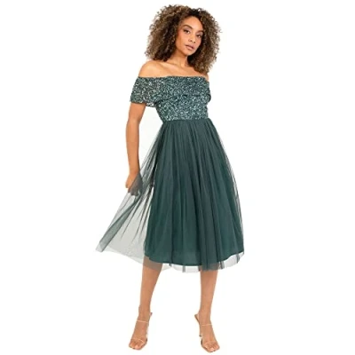 Image of Maya Deluxe Women&#039;s Ladies Bardot Dresses Midi High Empire Waist Sequins Embellished Formal Evening for Wedding Guest Bridesmaid, Emerald Green, 18