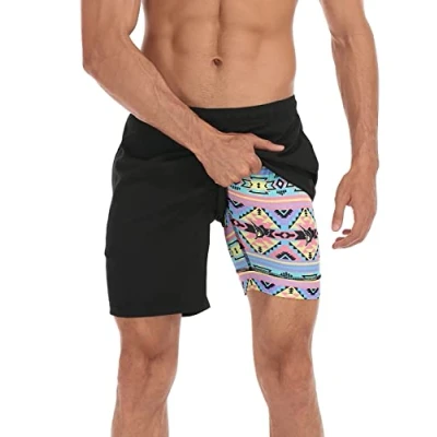 Image of LRD Men&#039;s Swim Trunks with Compression Liner 7 Inch Inseam Quick Dry Shorts, Black / Tribal Sailfish, L