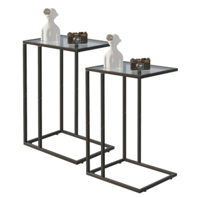 Image of Huhote C Shaped End Table Set of 2, Glass Side for Couch, Sofa Tables with Metal Frame, Couch Living Room, Bedroom, Bedside, Black