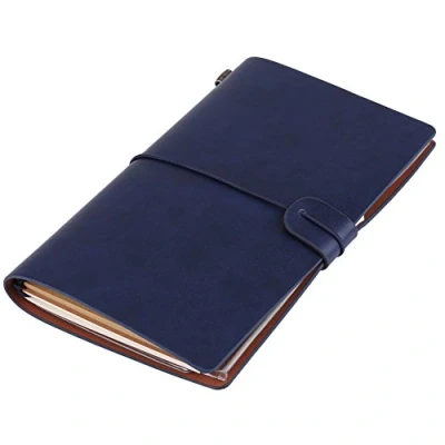Image of Hztyyier Classic Travel Notebook PU Leather Personalized Journal Diary Refillable Notepad for Men Women 5 Colors Optional(Dark Blue) Office Supplies
