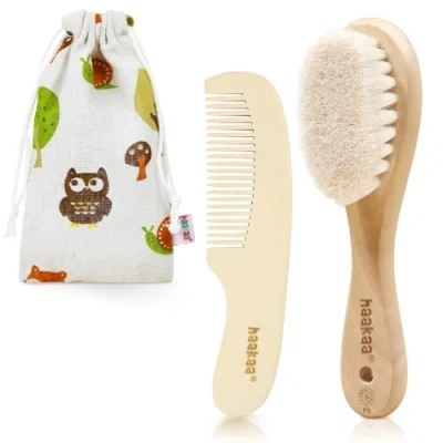 Image of haakaa Baby Hair Brush and Comb Set for Newborns &amp; Toddlers Natural Soft Goat Bristles Wooden Handle, Gently Grooms Baby&#039;s Hair, Ideal Cradle Cap, Perfect Gift, 2pk