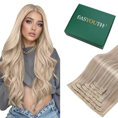 Image of Easyouth Real Hair Clip in Extensions Blonde Highlight Remy Ash Bleach Human 22 Inch 120g 7Pcs