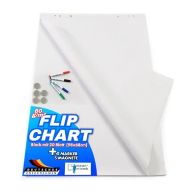 Image of Master of Boards Flipchart Paper Set 20 Sheets, 4 Markers, 5 Magnets Office, School or Home Use