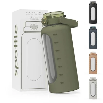 Image of spottle Glass Bottle 2 Litres Water 2L with Straw Large Protective Silicone Cover Leak Proof Dishwasher Safe BPA Free