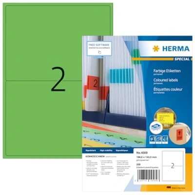 Image of HERMA Self Adhesive Coloured Labels, 2 Labels per A4 Sheet, 100 Sheets, 199.6 x 143.5 mm, 200 Blank Colour Stickers, Sticky for Laser &amp; Inkjet Printer, Green