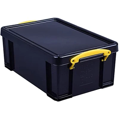 Image of Really Useful Plastic Storage Box 9 Litre Solid Black with Yellow Handles