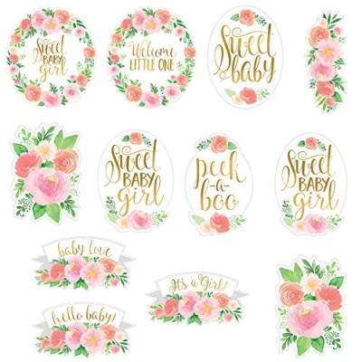 Image of Amscan 192165 Floral Baby Shower Card Cut Out Party Decorations 12 Pack