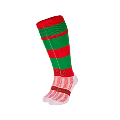 Image of WackySox Red and Emerald Green Hoop Rugby Socks, Sports Socks for Men Women, Mens Work Perfect Riding, Football, Running, Hockey other Activities