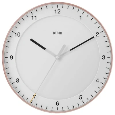 Image of Braun Classic Large Analogue Wall Clock with Silent Sweep Movement, Easy To Read, 30cm Diameter in Rose and White, model BC17PW.