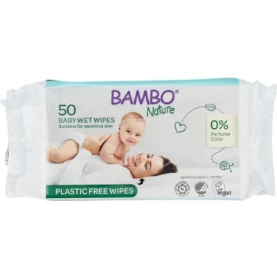 Image of Bambo Nature Biodegradable Wet Wipes, Newborn Essentials, Eco Labelled Baby Gentle &amp; Soft Moisturising Skin Friendly 100% Biodegradable, Essentials Pack of 50 Wipes