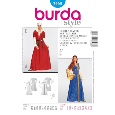 Image of Burda B7468 Medieval Dress and Bonnet Sewing Pattern 19 x 13 cm