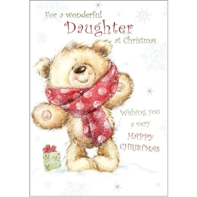Image of doodlecards Daughter Christmas Card Teddy Bear with Red Scarf Large A4 Size for Plain Envelope