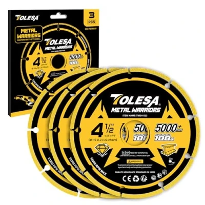Image of TOLESA Diamond Metal Cutting Discs 115 x 22.23mm, Cut Off Wheel with 5000+ Cuts on Rebar, Steel, Iron and INOX, 3 PCS