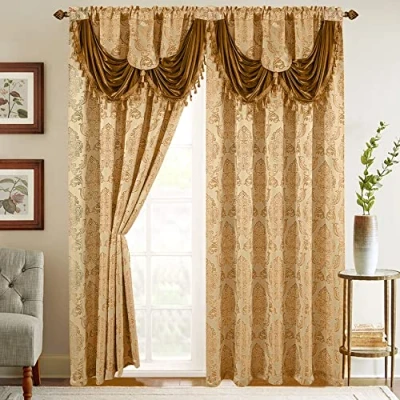 Image of Elegant Comfort Jacquard Look Curtain Panel Set with Attached Waterfall Valance, (Set of 2), 54 x 84 Inches, Gold/Camel