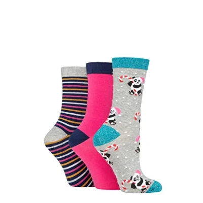 Image of Women&#039;s 3 Pair SOCKSHOP Wildfeet Christmas Flat Gift Boxed Socks Panda 4 8 Ladies