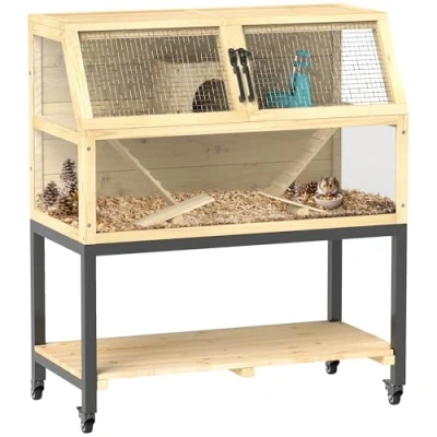 Image of PawHut Hamster Cage, Wooden Gerbil Cage with Storage Shelf, Wheels, Ramps, Water Bottle, Hut, Seesaws, Rat for Dwarf, Syrian Hamster, Mouse, 87 x 43 101cm