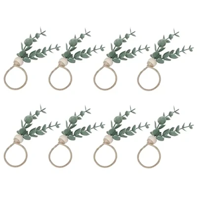 Image of ZWMBYN Eucalyptus Napkin Rings Set of 8, Handmade Wooden Beads Rustic Farmhouse Rings, Faux Greenery Holder Buckles for Spring Boho Wedding Home Table Decoration