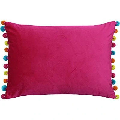 Image of Riva Paoletti Fiesta Rectangular Filled Cushion Multicoloured Pompom Edges Soft Velvet Fabric Discreet Zip Closure 100 Case (14&quot; x 20&quot; inches), Polyester, Hot Pink/Multi, 35 50cm