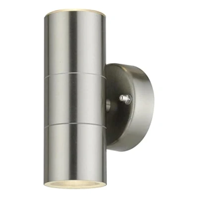 Image of Brushed Stainless Steel Outdoor Wall Light Twin Up Down IP44 Modern Porch LED Compatible